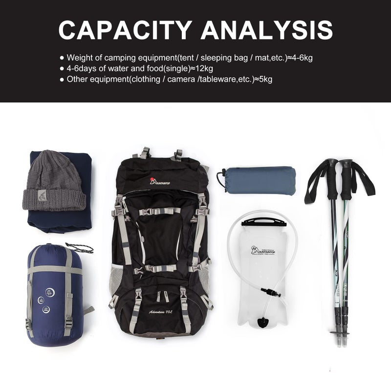 MOUNTAINTOP 70L Internal Frame Backpack Camping Backpacking Hiking Backpack for Men Women with Rain Cover,Black - Image 5